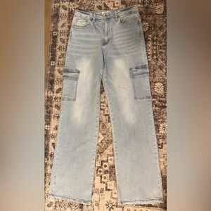 Light Wash Wide Leg Cargo Jeans - Women